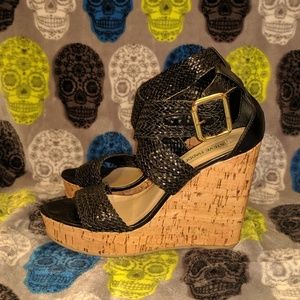 Black Woven Ankle-Strap Platforms